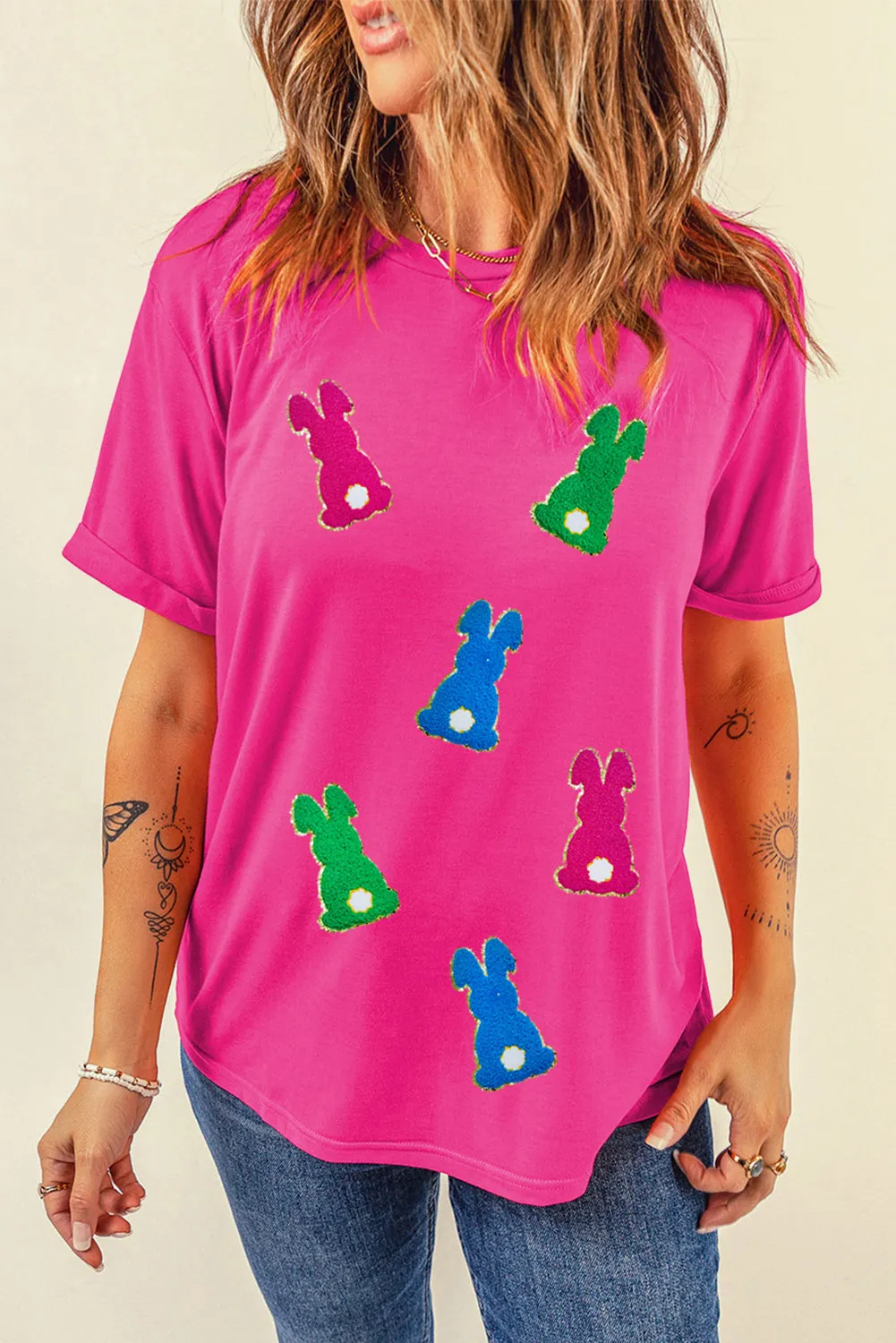 Rose Red Easter Rabbit Chenille Patched Pattern Crew Neck Tee sold by Beagle Boutique product image thumbnail 2