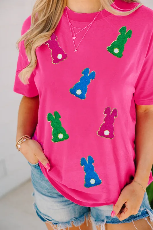 Rose Red Easter Rabbit Chenille Patched Pattern Crew Neck Tee sold by Beagle Boutique