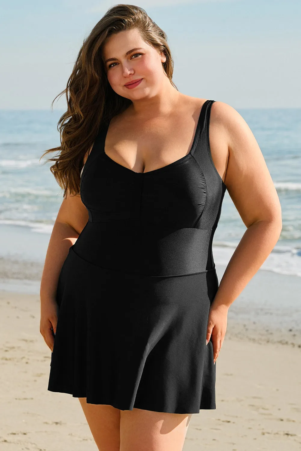 Black Plus Size Solid Pleated Ruffled One Piece Swim Dress sold by Beagle Boutique product image thumbnail 5