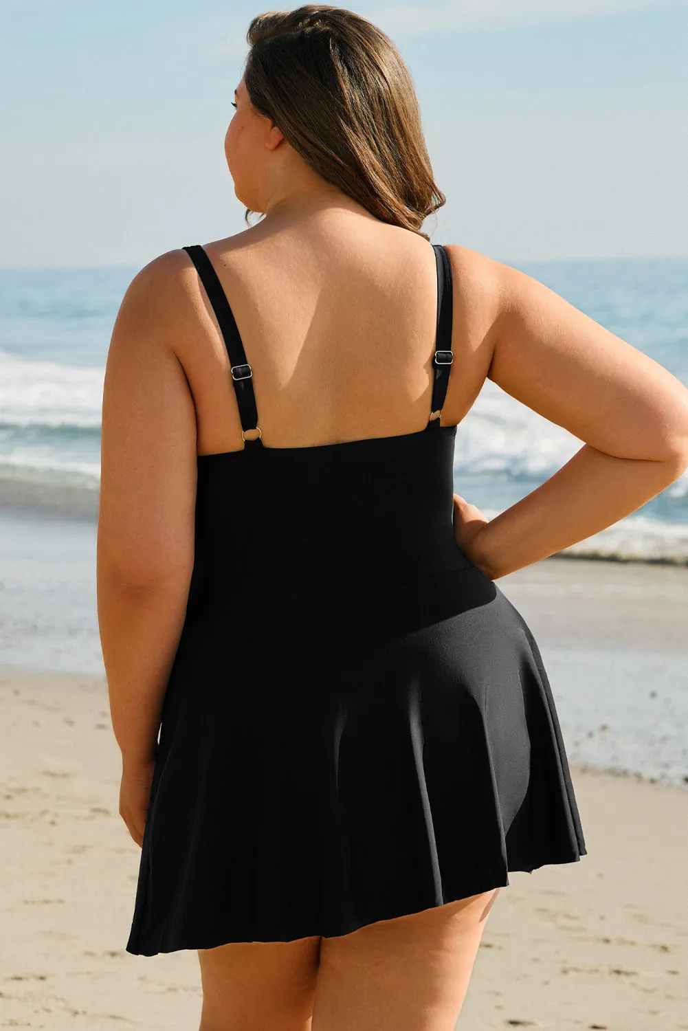 Black Plus Size Solid Pleated Ruffled One Piece Swim Dress sold by Beagle Boutique product image thumbnail 2