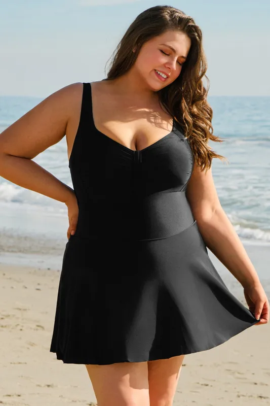Black Plus Size Solid Pleated Ruffled One Piece Swim Dress sold by Beagle Boutique
