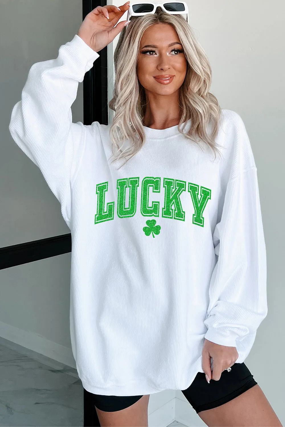 White St. Patricks LUCKY Graphic Corded Sweatshirt sold by Beagle Boutique product image thumbnail 4