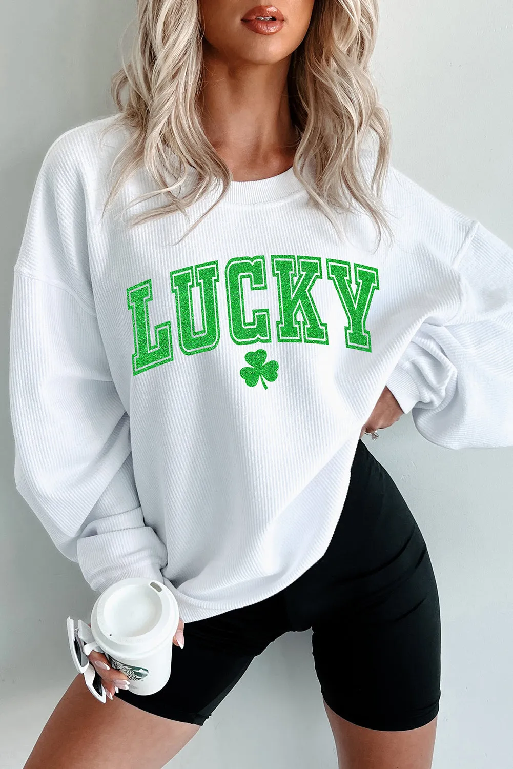 White St. Patricks LUCKY Graphic Corded Sweatshirt sold by Beagle Boutique product image thumbnail 3