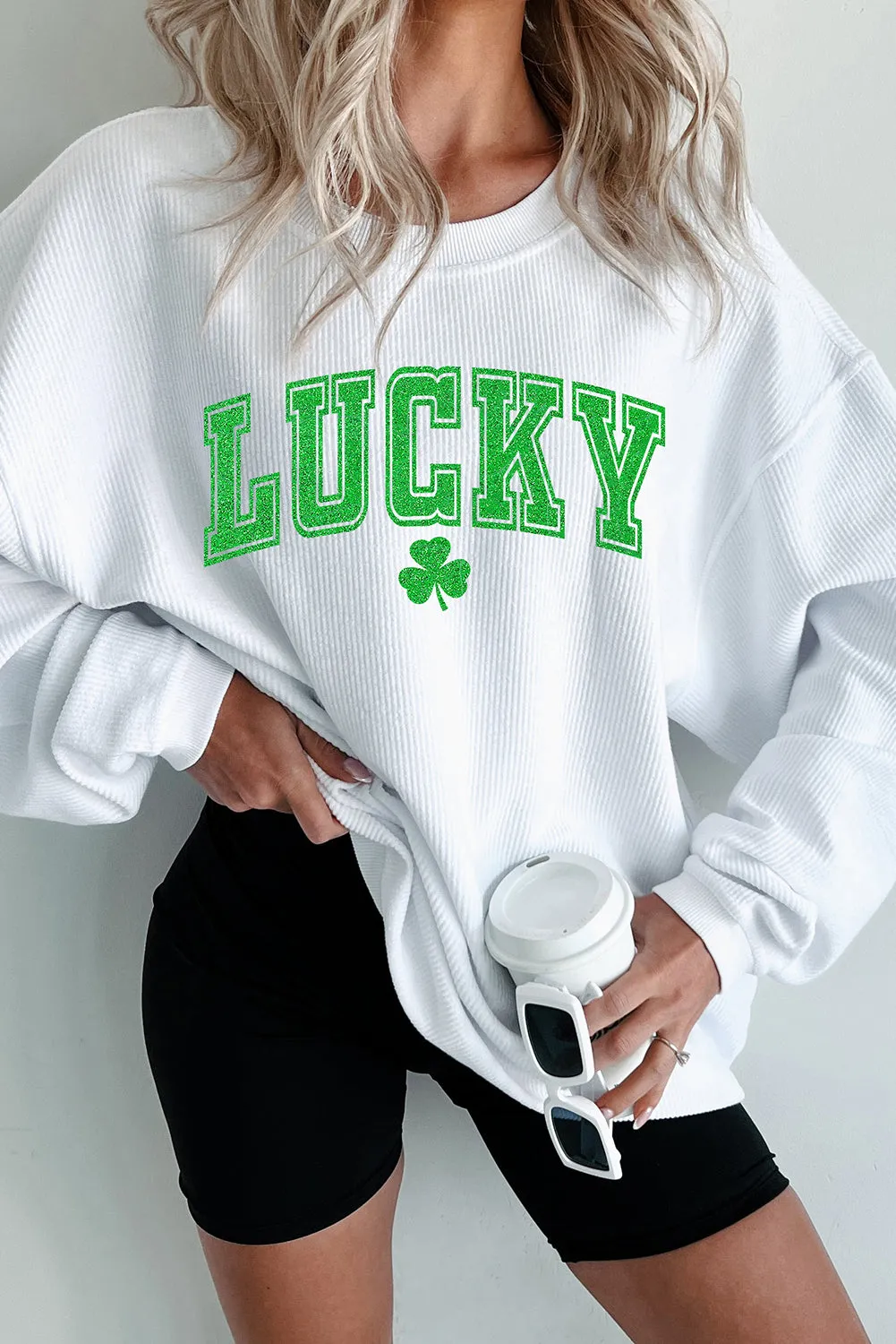 White St. Patricks LUCKY Graphic Corded Sweatshirt sold by Beagle Boutique