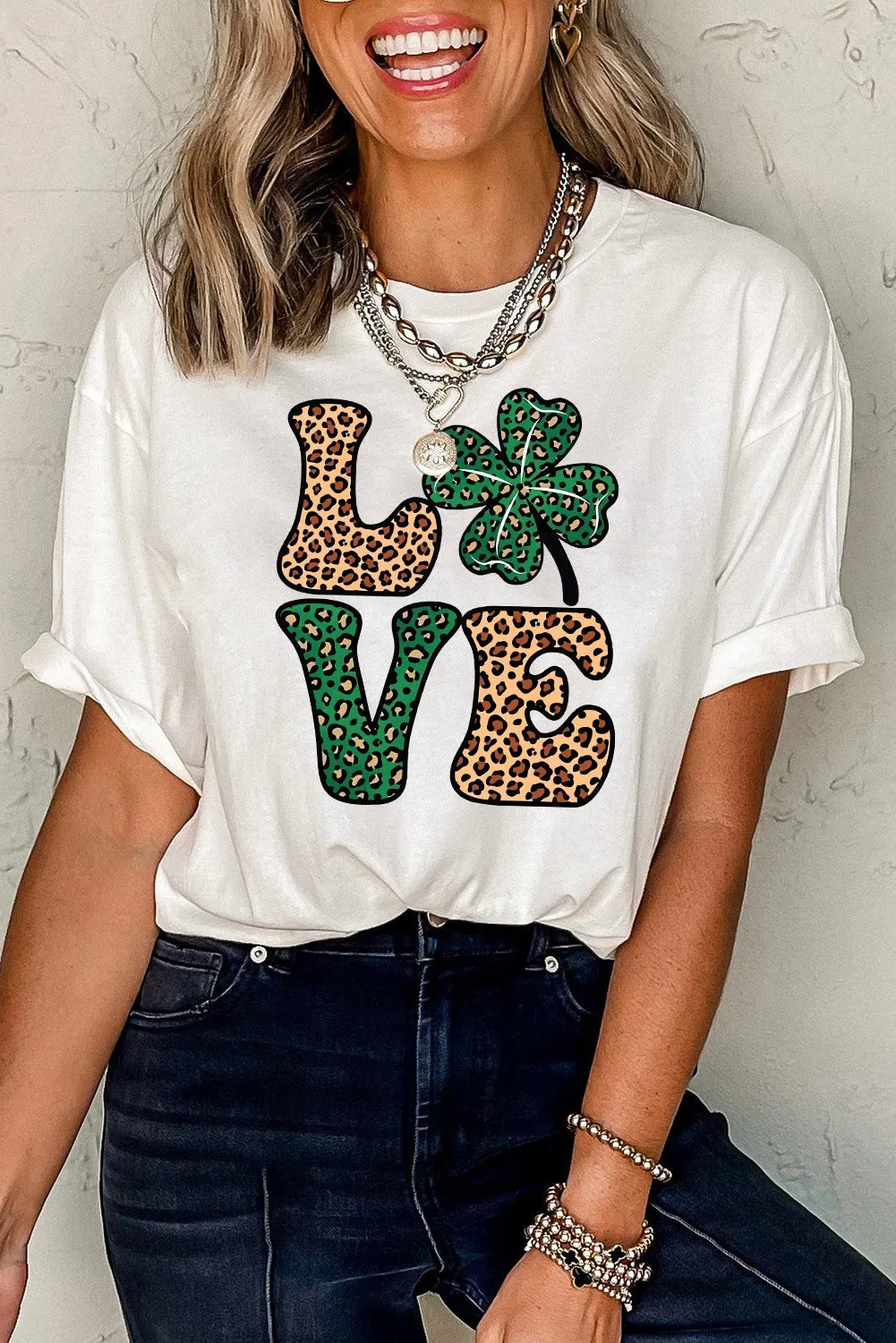 White Cheetah Clover LOVE Graphic St. Patricks Crewneck Tee sold by Beagle Boutique product image thumbnail 2
