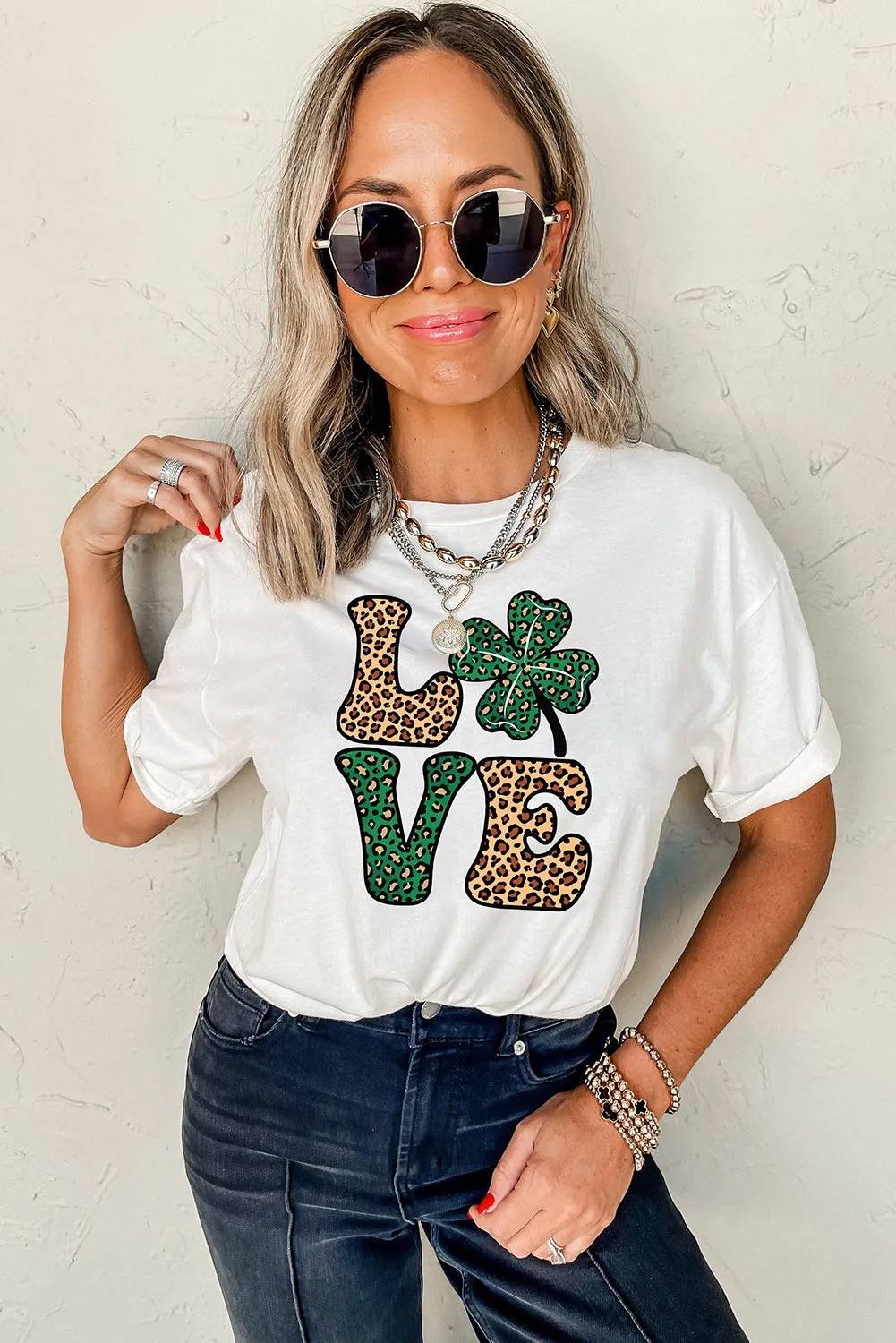 White Cheetah Clover LOVE Graphic St. Patricks Crewneck Tee sold by Beagle Boutique product image thumbnail 4