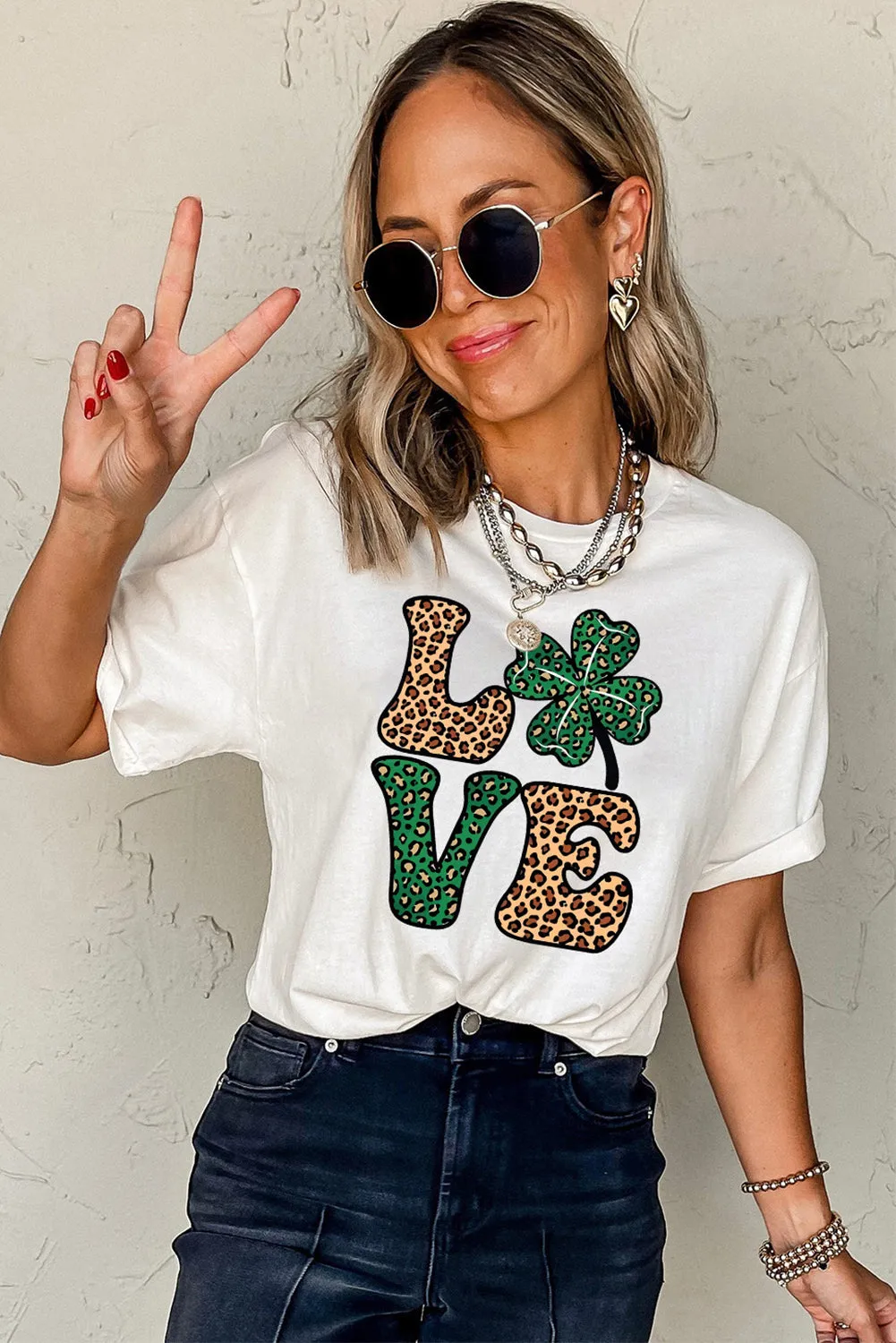 White Cheetah Clover LOVE Graphic St. Patricks Crewneck Tee sold by Beagle Boutique product image thumbnail 5