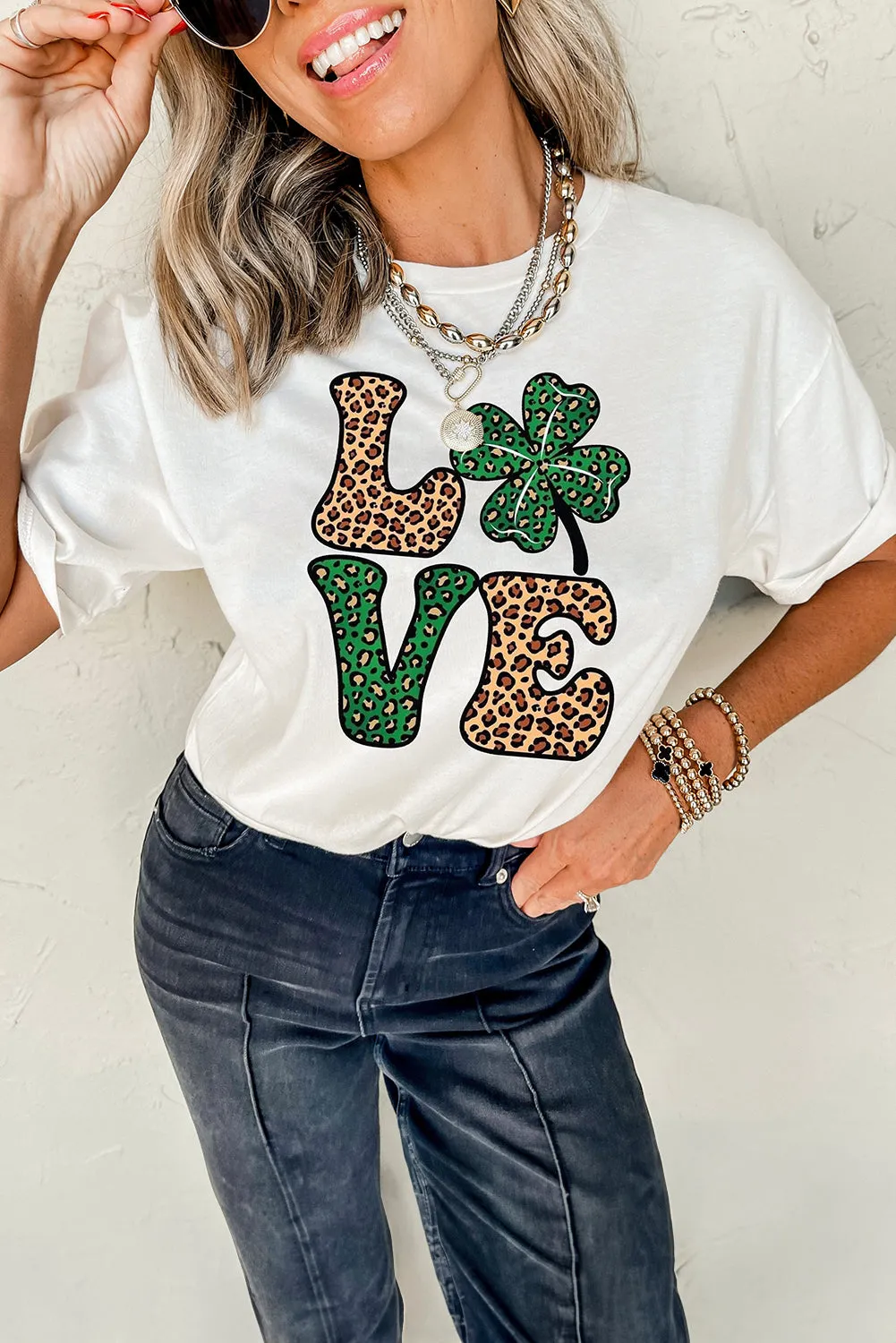 White Cheetah Clover LOVE Graphic St. Patricks Crewneck Tee sold by Beagle Boutique