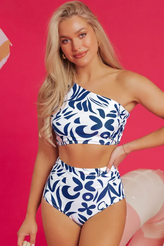 Blue Printed One-shoulder High Waisted Bikini sold by Beagle Boutique