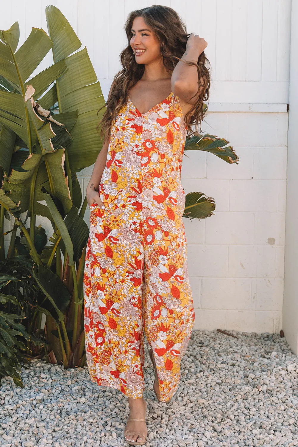 Orange Floral V Neck Wide Leg Sleeveless Jumpsuit sold by Beagle Boutique product image thumbnail 4