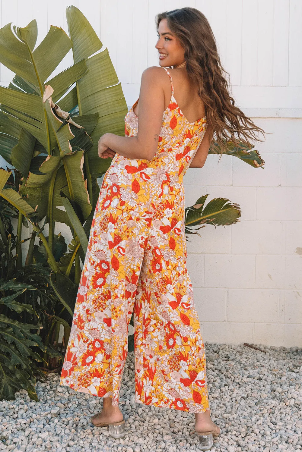 Orange Floral V Neck Wide Leg Sleeveless Jumpsuit sold by Beagle Boutique product image thumbnail 2