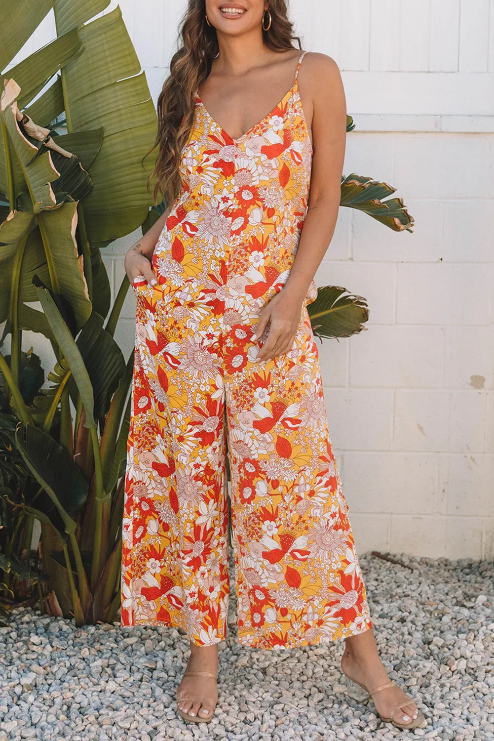 Orange Floral V Neck Wide Leg Sleeveless Jumpsuit sold by Beagle Boutique product image thumbnail 5