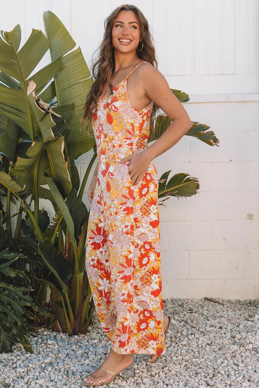 Orange Floral V Neck Wide Leg Sleeveless Jumpsuit sold by Beagle Boutique product image thumbnail 3