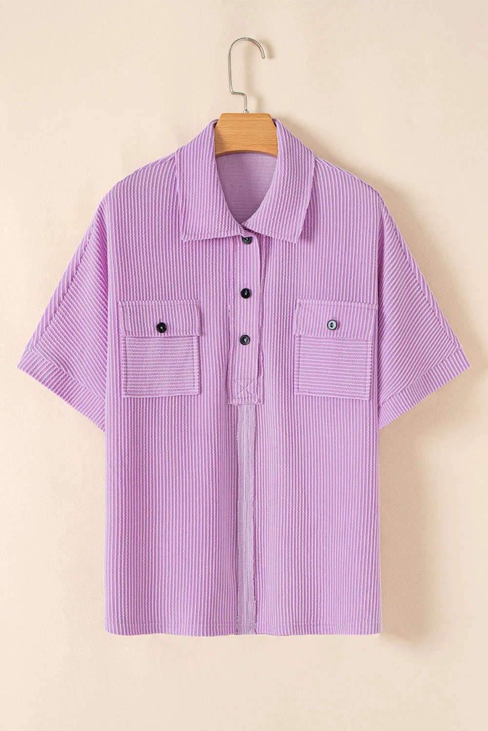 Orchid Bouquet Ribbed Flap Pocket Collared Buttoned Short Sleeve Top sold by Beagle Boutique product image thumbnail 5