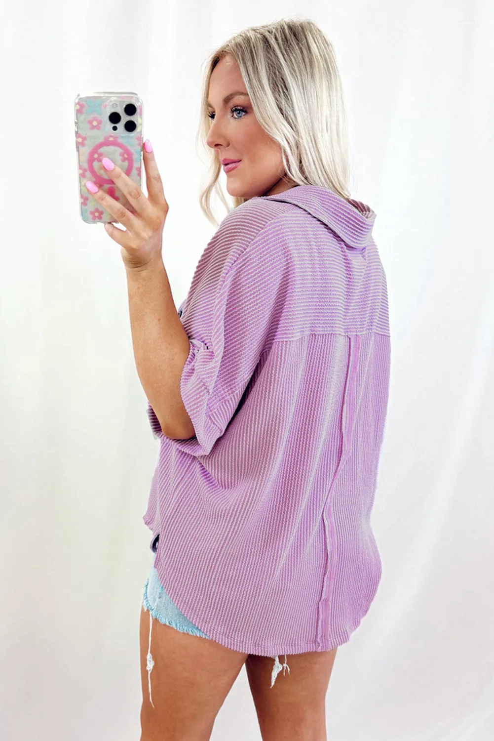 Orchid Bouquet Ribbed Flap Pocket Collared Buttoned Short Sleeve Top sold by Beagle Boutique product image thumbnail 2