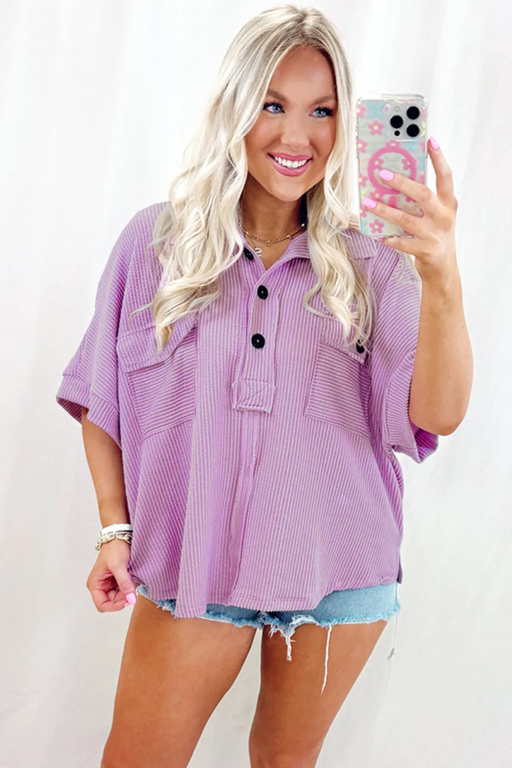 Orchid Bouquet Ribbed Flap Pocket Collared Buttoned Short Sleeve Top sold by Beagle Boutique product image thumbnail 3
