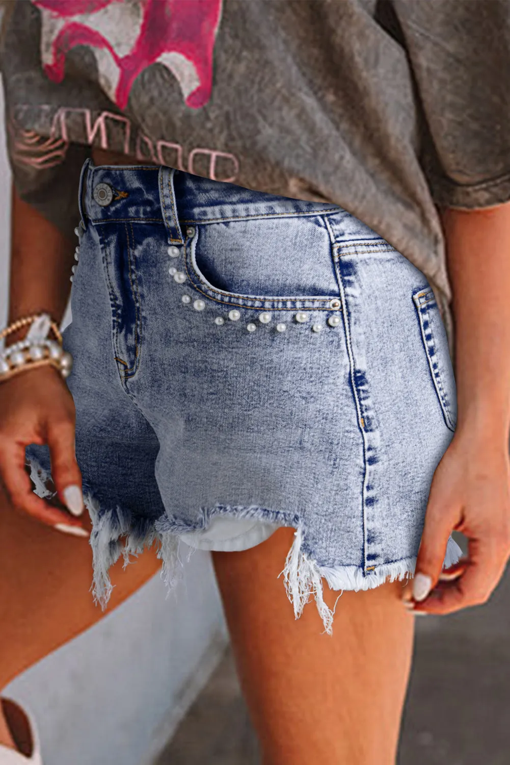 Beau Blue Pearl Studded Pockets Raw Hem Denim Shorts sold by Beagle Boutique product image thumbnail 3