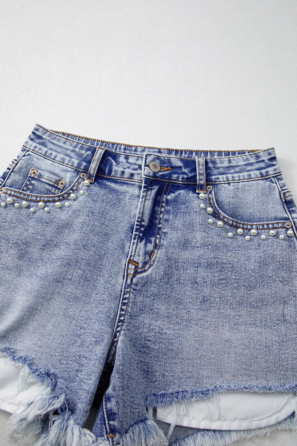 Beau Blue Pearl Studded Pockets Raw Hem Denim Shorts sold by Beagle Boutique product image thumbnail 5