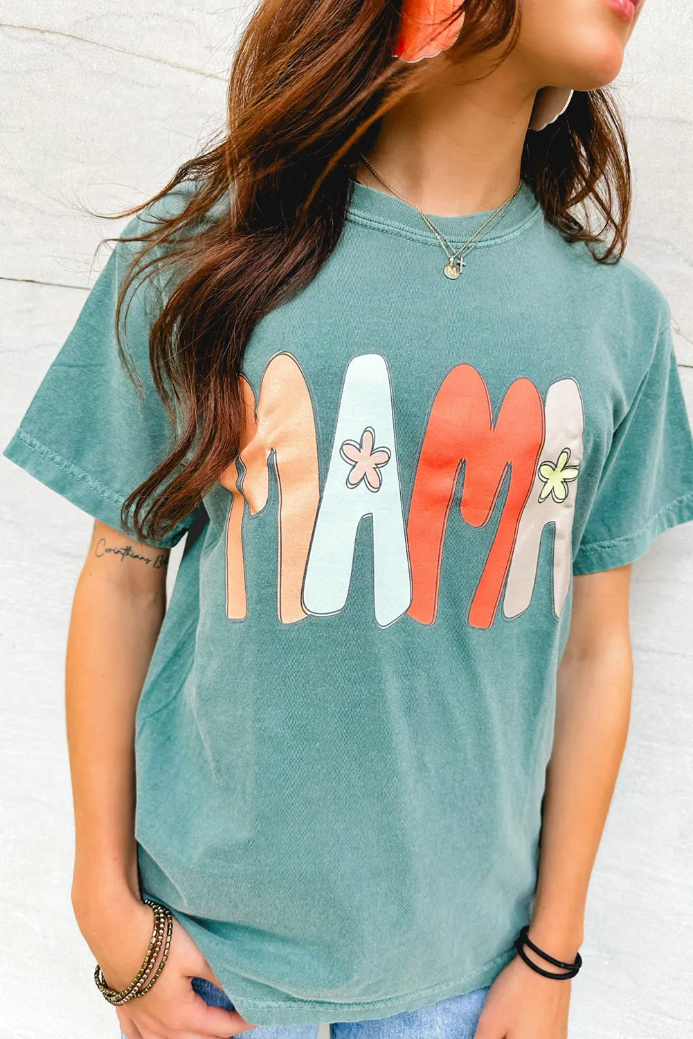 Sea Green MAMA Printed Mineral Wash Crewneck T Shirt sold by Beagle Boutique product image thumbnail 2