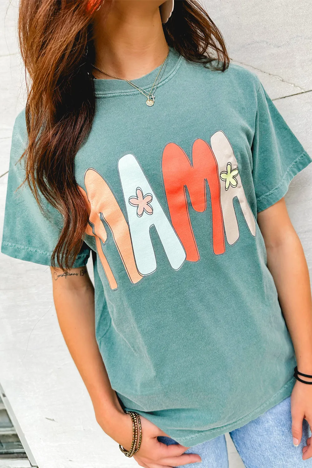 Sea Green MAMA Printed Mineral Wash Crewneck T Shirt sold by Beagle Boutique