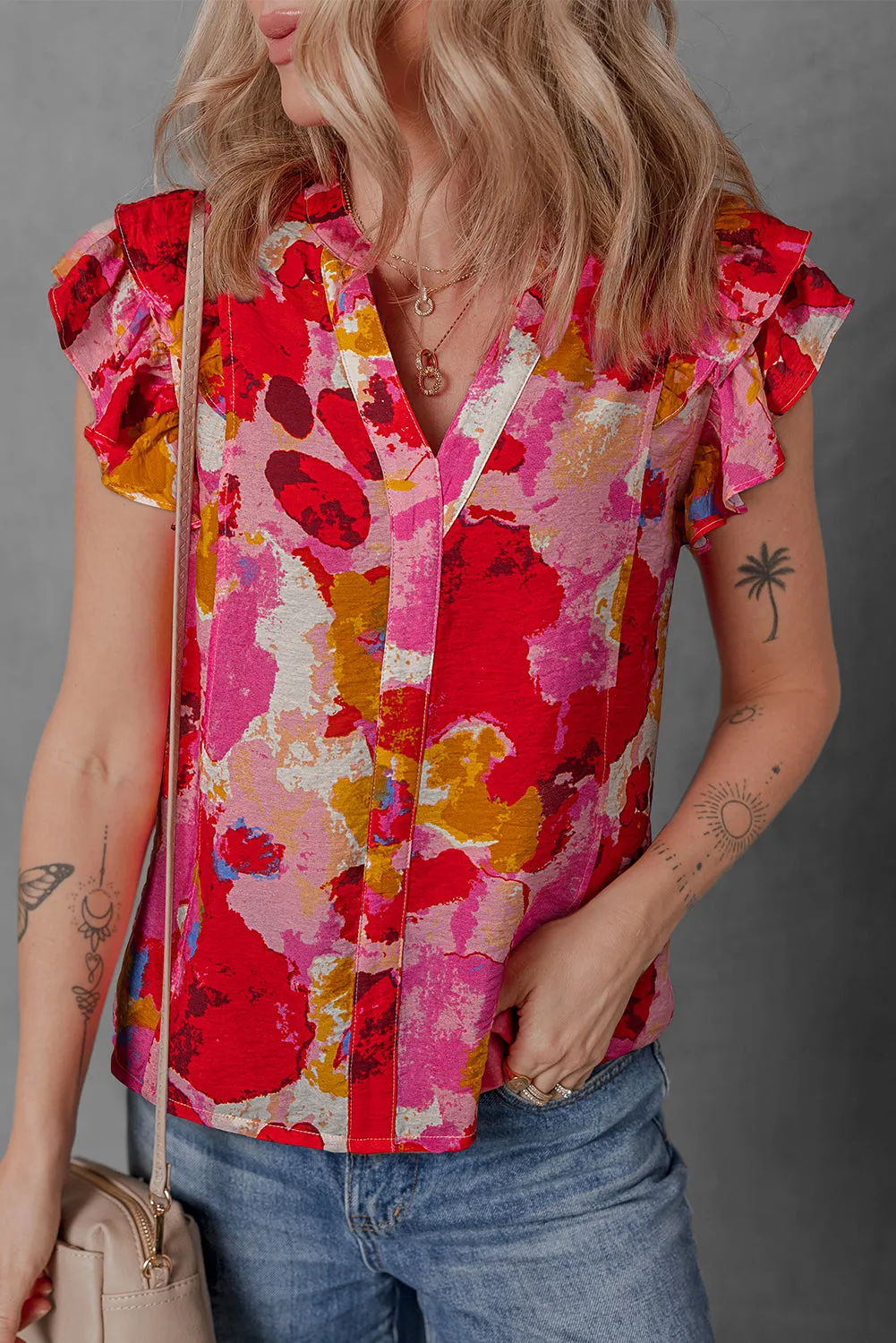 Red Abstract Print Split V Neck Ruffle Short Sleeve Blouse sold by Beagle Boutique