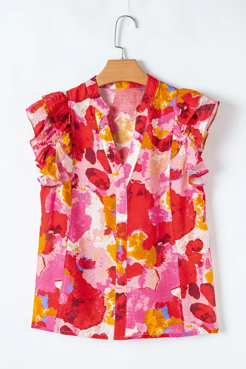 Red Abstract Print Split V Neck Ruffle Short Sleeve Blouse sold by Beagle Boutique product image thumbnail 3