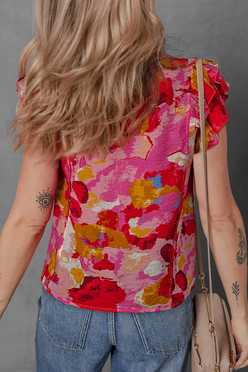 Red Abstract Print Split V Neck Ruffle Short Sleeve Blouse sold by Beagle Boutique product image thumbnail 2