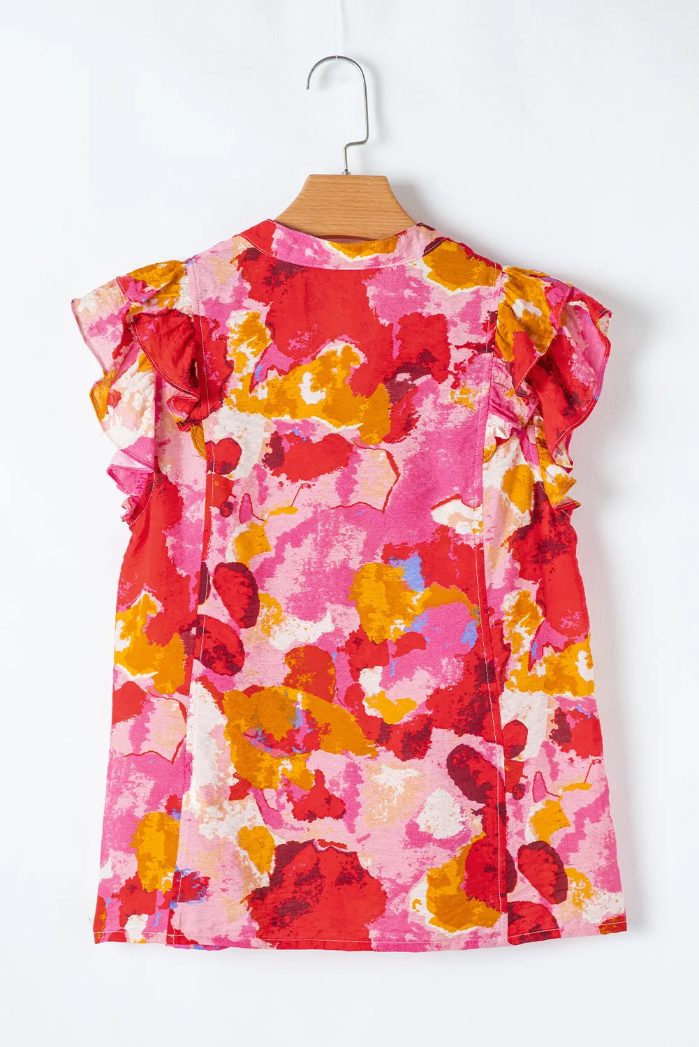 Red Abstract Print Split V Neck Ruffle Short Sleeve Blouse sold by Beagle Boutique product image thumbnail 4