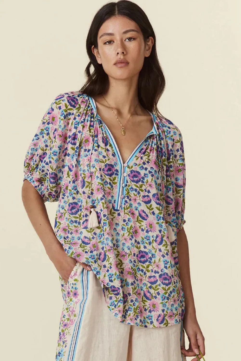 Multicolour Bohemian Floral V Neck Loose Half Sleeve Blouse sold by Beagle Boutique product image thumbnail 3