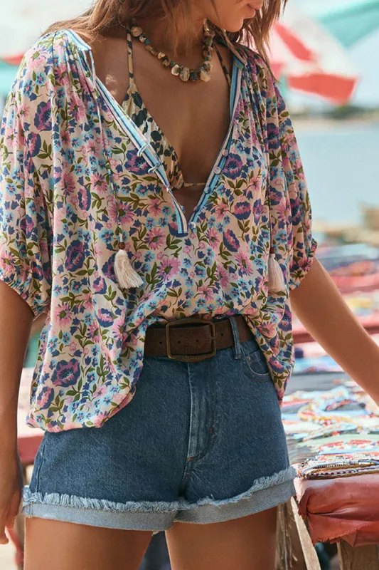 Multicolour Bohemian Floral V Neck Loose Half Sleeve Blouse sold by Beagle Boutique