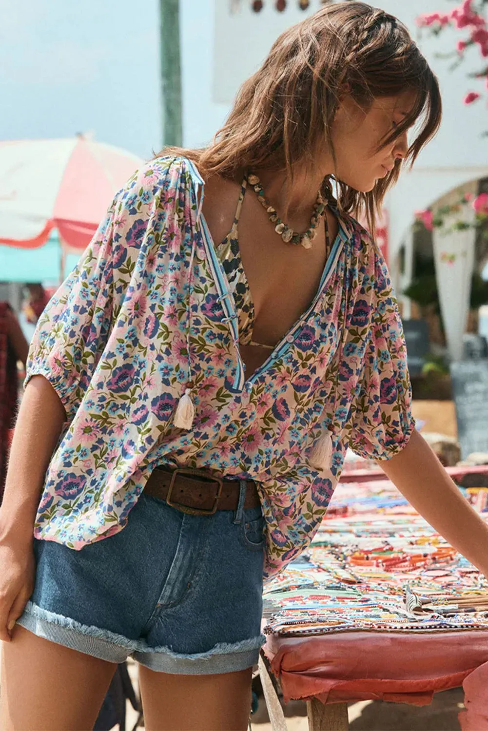 Multicolour Bohemian Floral V Neck Loose Half Sleeve Blouse sold by Beagle Boutique product image thumbnail 4