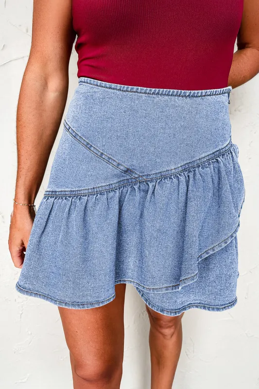 Beau Blue Asymmetric Ruffle Overlay Denim Mini Skirt sold by Beagle Boutique