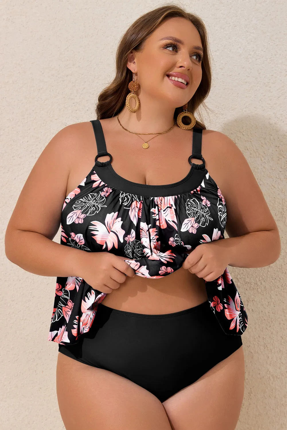 Black 2pcs Plus Size Wide Strap Floral Top Tankini Set sold by Beagle Boutique product image thumbnail 3