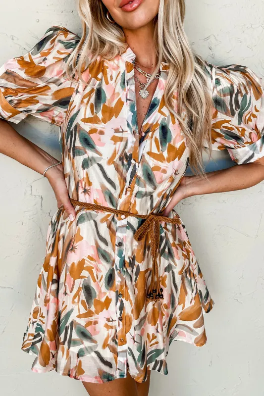 Brown Abstract Printed Puff Sleeve Button Up Braided Belt Mini Dress sold by Beagle Boutique