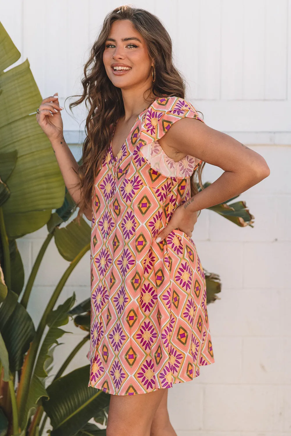 Orange Geometric Floral V Neck Buttoned Ruffled Sleeve Mini Dress sold by Beagle Boutique product image thumbnail 3