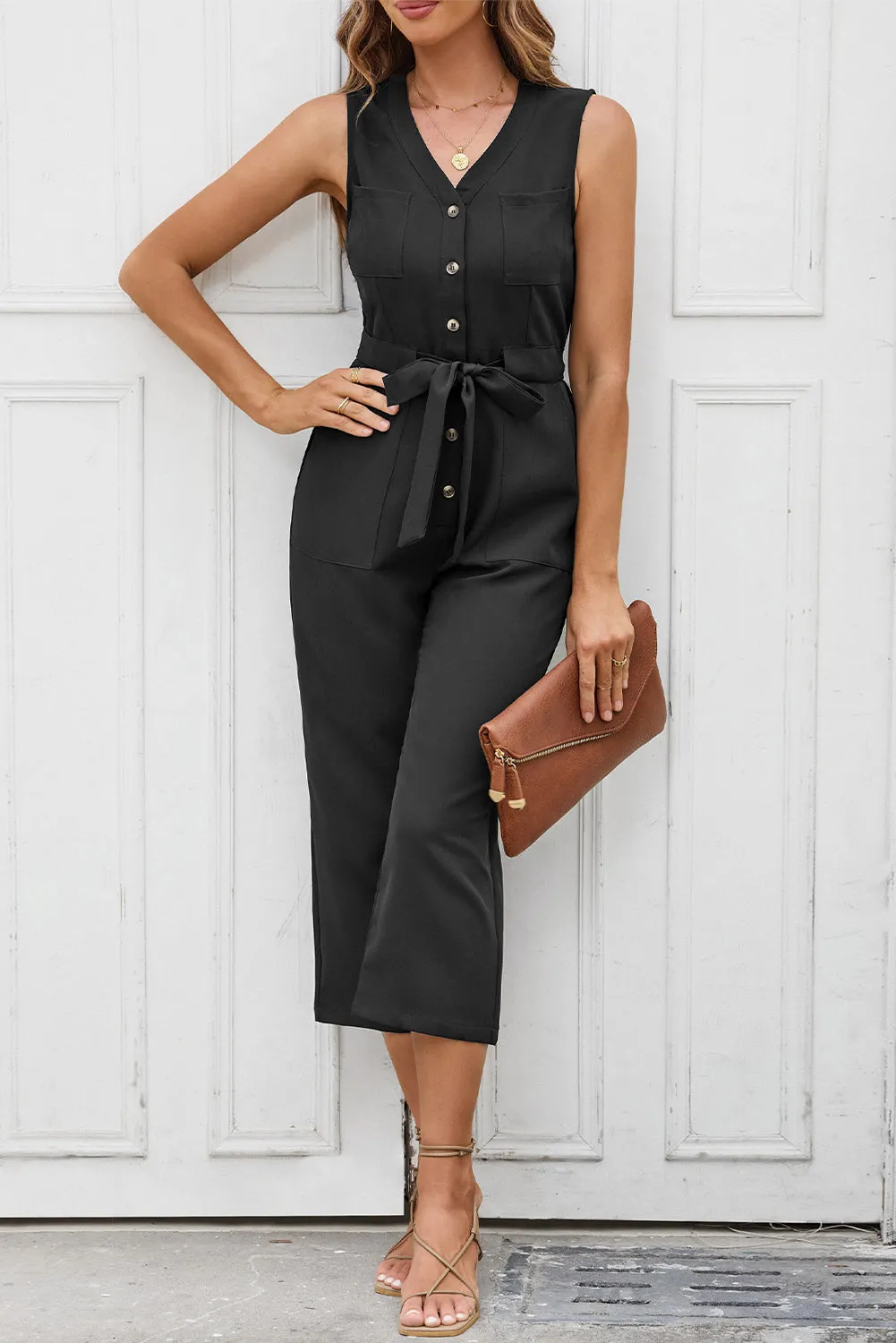 Black Buttoned Sleeveless Cropped Jumpsuit with Sash sold by Beagle Boutique product image thumbnail 5