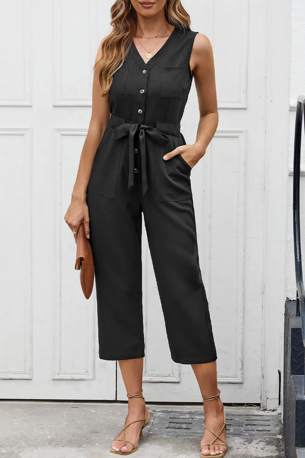 Black Buttoned Sleeveless Cropped Jumpsuit with Sash sold by Beagle Boutique product image thumbnail 4