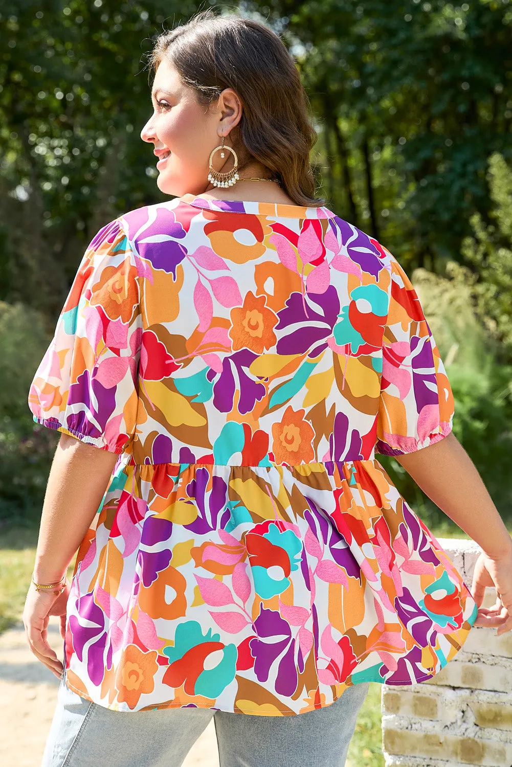 Pink Plus Size Floral Print V Neck Fit and Flare Blouse sold by Beagle Boutique product image thumbnail 2