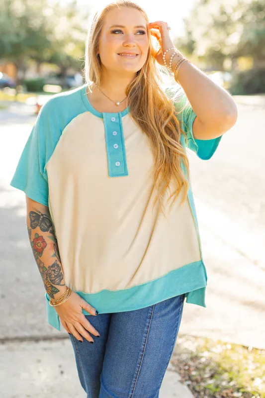 Mint Green Color Block Raglan Sleeve Buttoned Plus Size T Shirt sold by Beagle Boutique