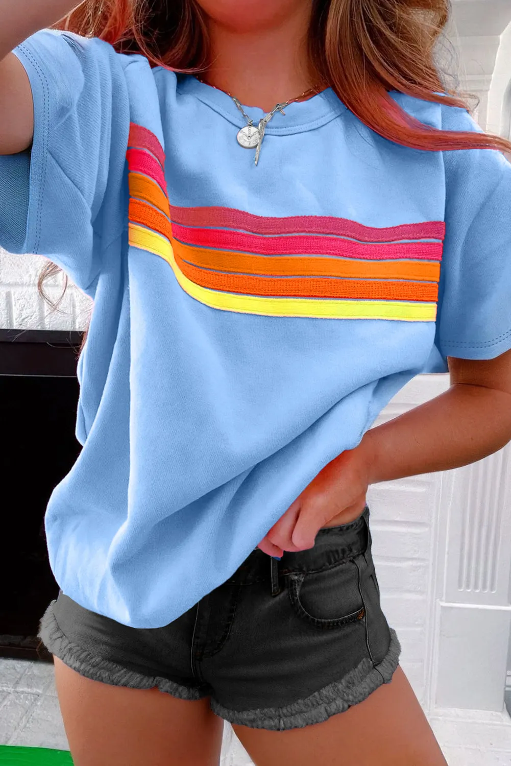 Beau Blue Striped Patch Front Casual Tee sold by Beagle Boutique