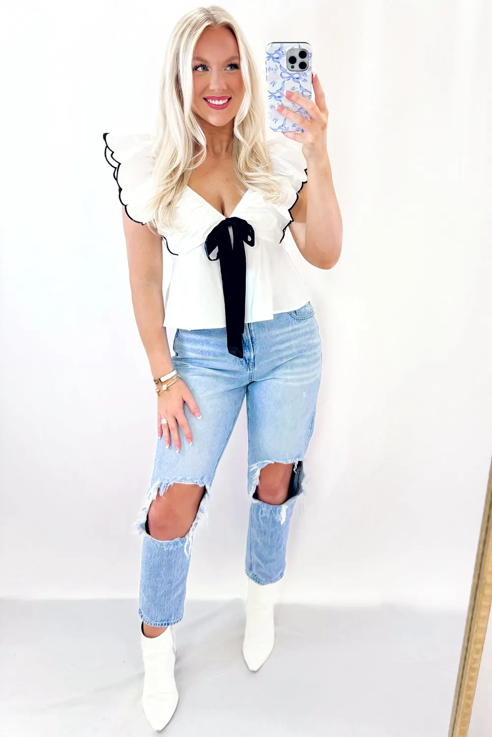 White Contrast Bow Ruffle Trim V Neck Blouse sold by Beagle Boutique product image thumbnail 4