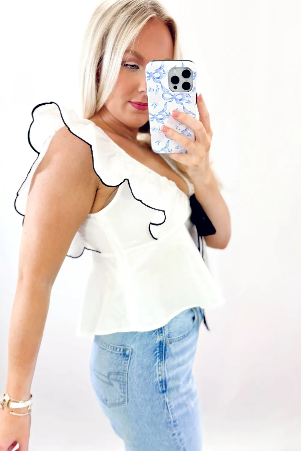 White Contrast Bow Ruffle Trim V Neck Blouse sold by Beagle Boutique product image thumbnail 3