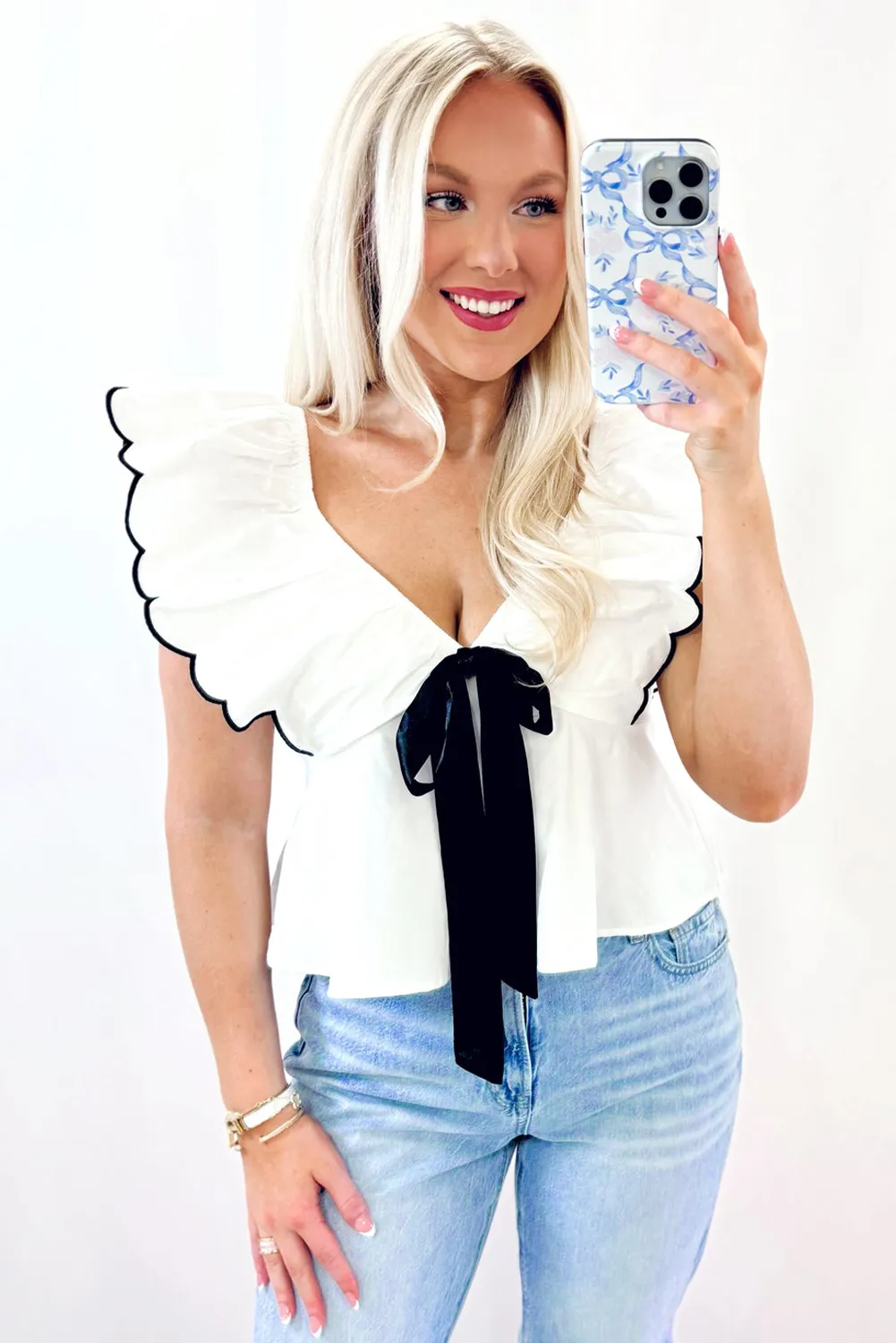 White Contrast Bow Ruffle Trim V Neck Blouse sold by Beagle Boutique product image thumbnail 5