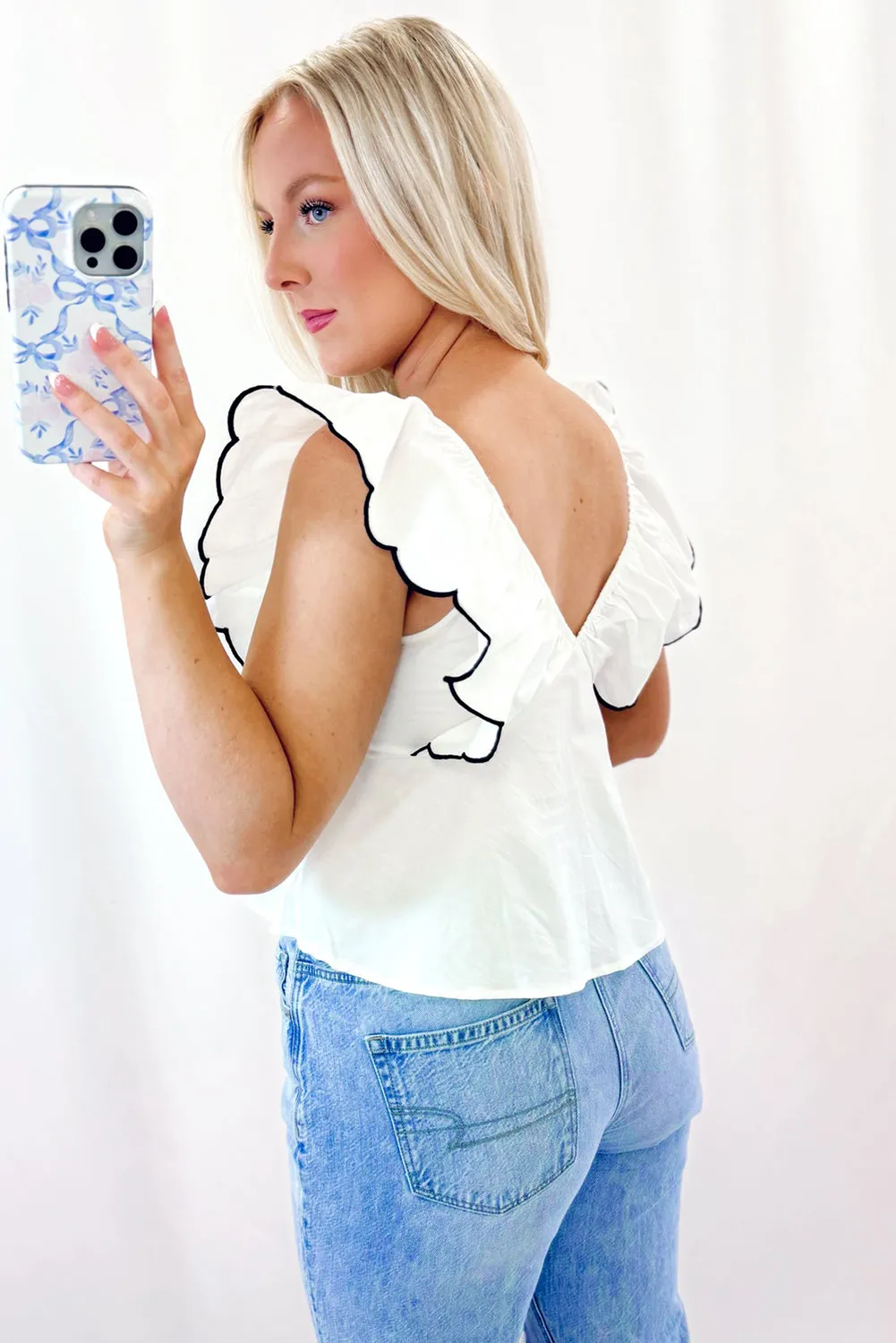 White Contrast Bow Ruffle Trim V Neck Blouse sold by Beagle Boutique product image thumbnail 2