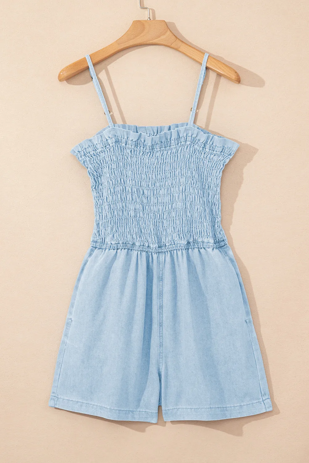 Beau Blue Spaghetti Strap Smocked Denim Romper sold by Beagle Boutique product image thumbnail 3