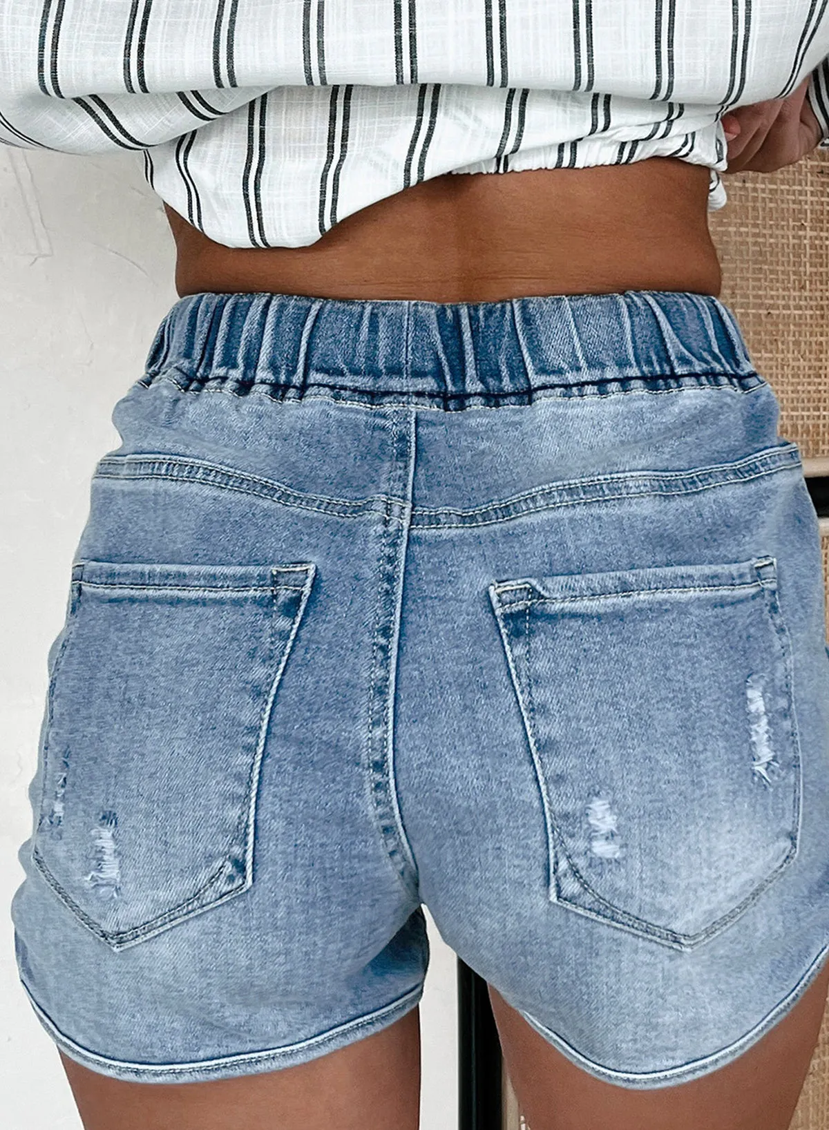 Blue Drawstring High Waist Distressed Denim Shorts sold by Beagle Boutique product image thumbnail 3
