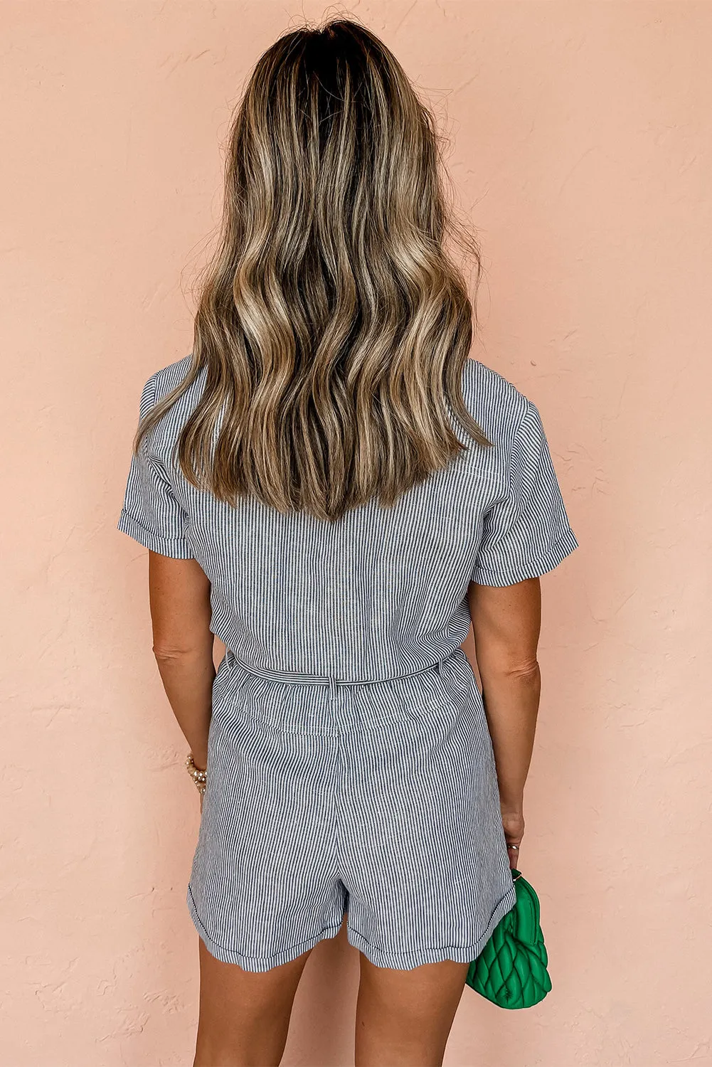 Blue Stripe Chest Pockets Buttoned Belted High Waist Romper sold by Beagle Boutique product image thumbnail 2