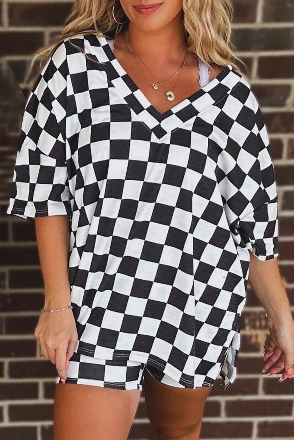 Black Checkered Pattern Tee and Shorts Plus Size Two Piece Set sold by Beagle Boutique