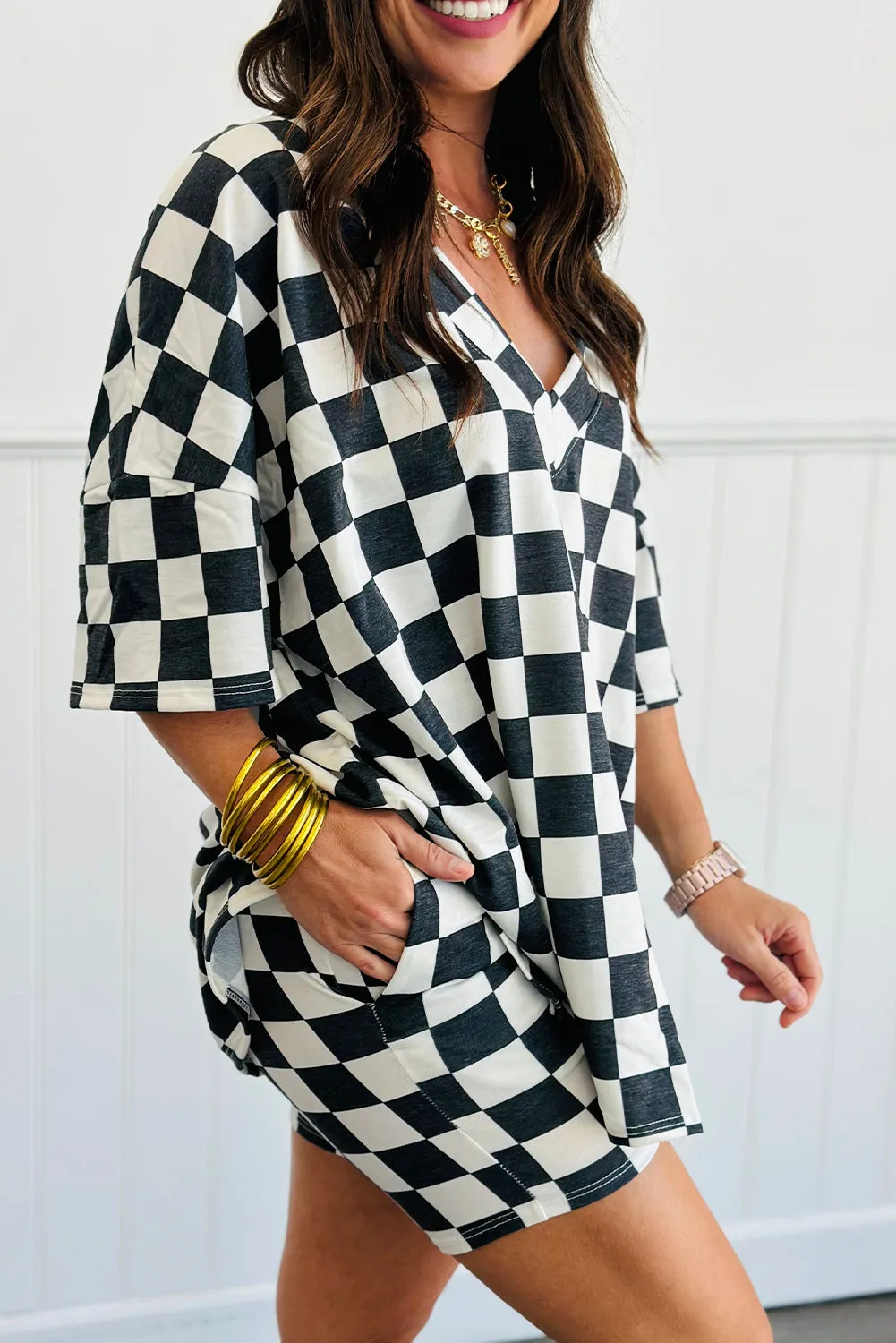 Black Checkered Pattern Tee and Shorts Plus Size Two Piece Set sold by Beagle Boutique product image thumbnail 4