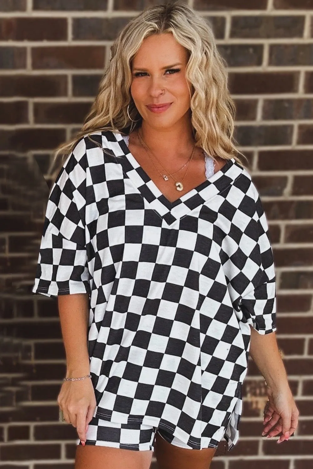 Black Checkered Pattern Tee and Shorts Plus Size Two Piece Set sold by Beagle Boutique product image thumbnail 2